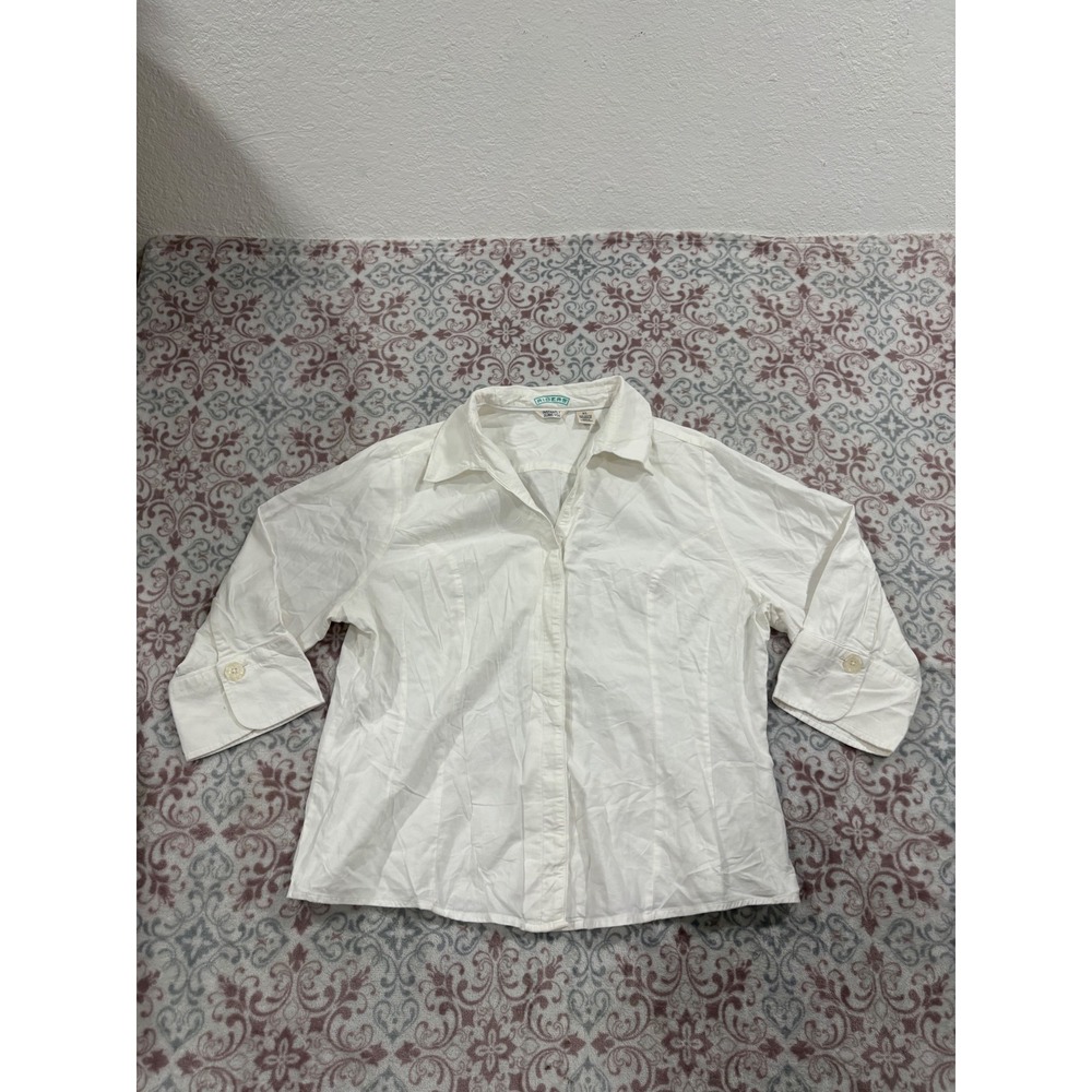 Riders by Lee White Cotton Button Down Shirt XL Slimming 3/4 Sleeve Textured Top